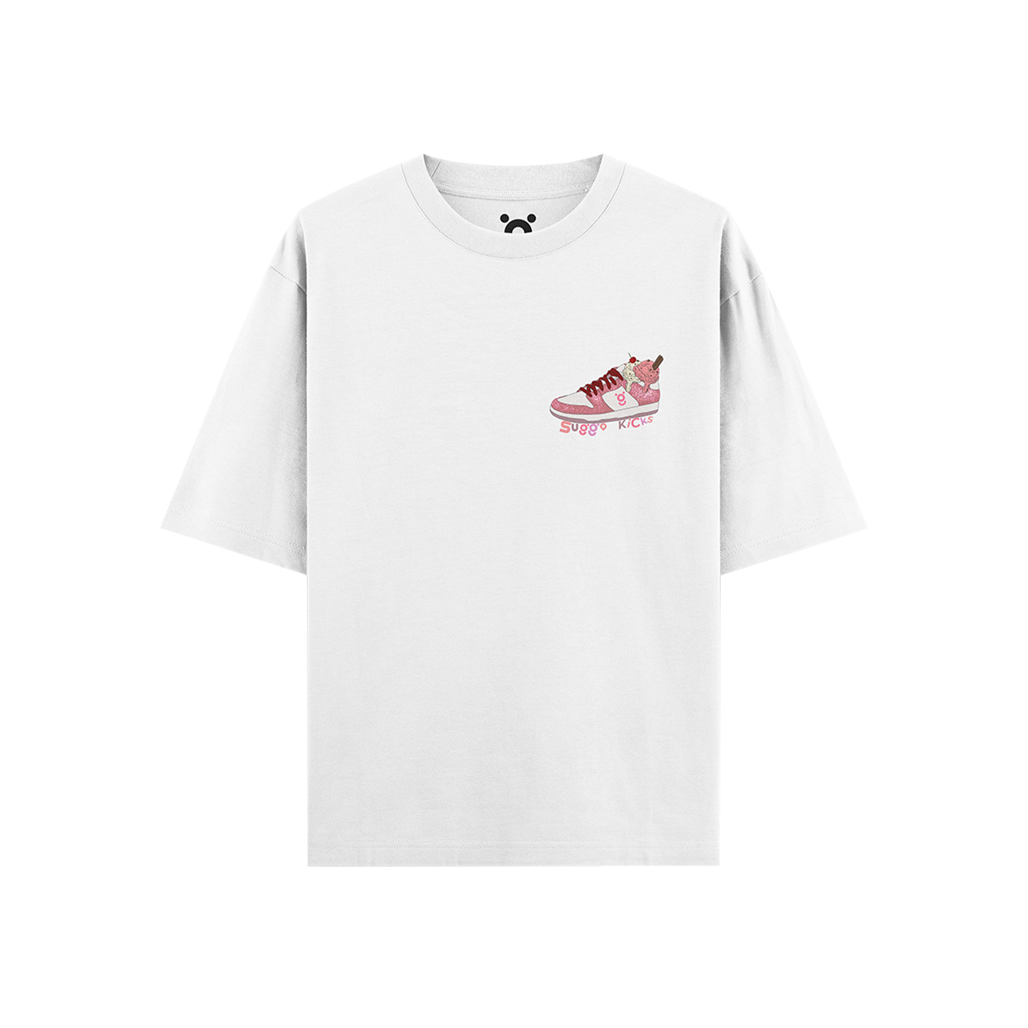 White streetwear t-shirt with pink sneaker and cartoon graphic on the chest
