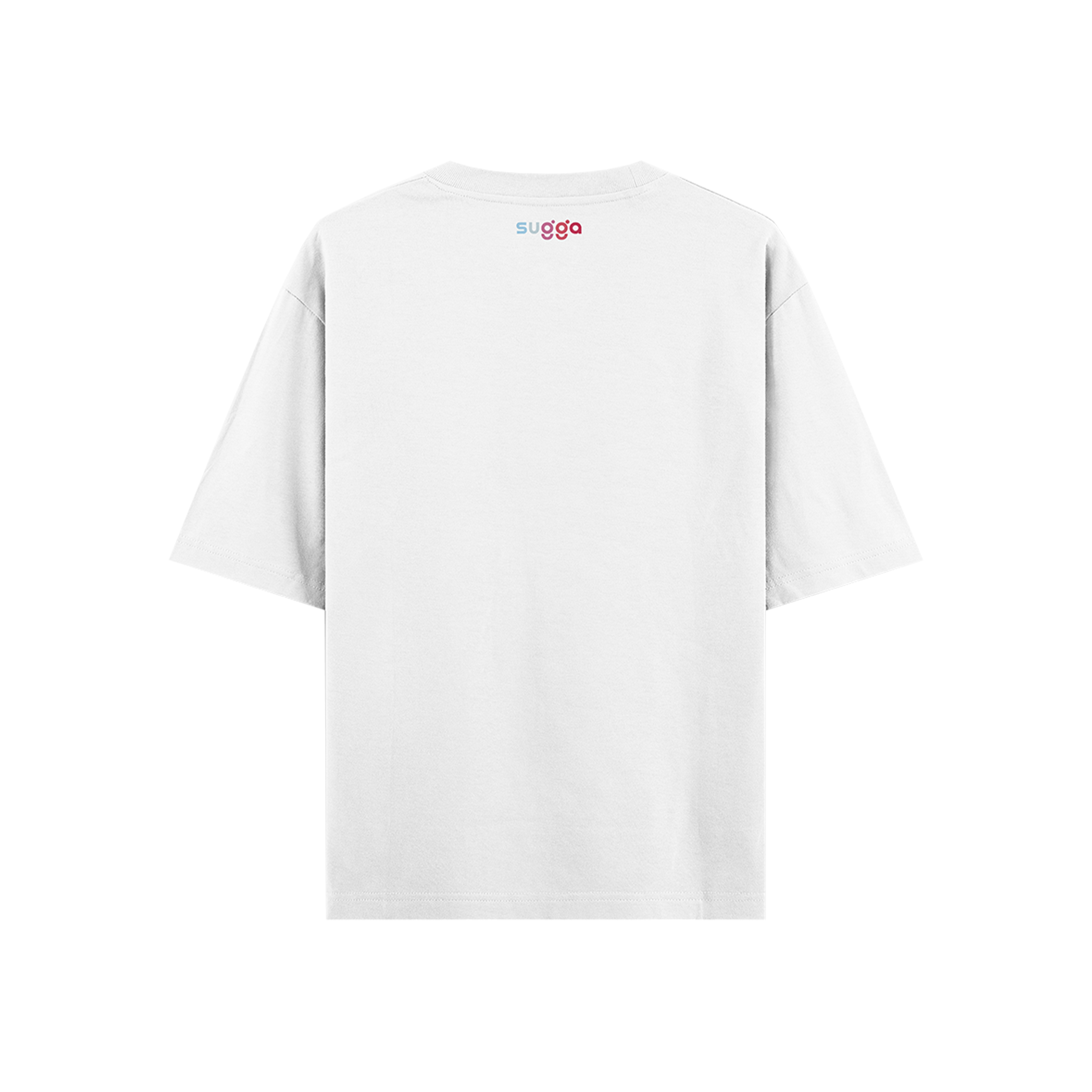 White streetwear t-shirt with small colorful 'sugga' logo on upper back