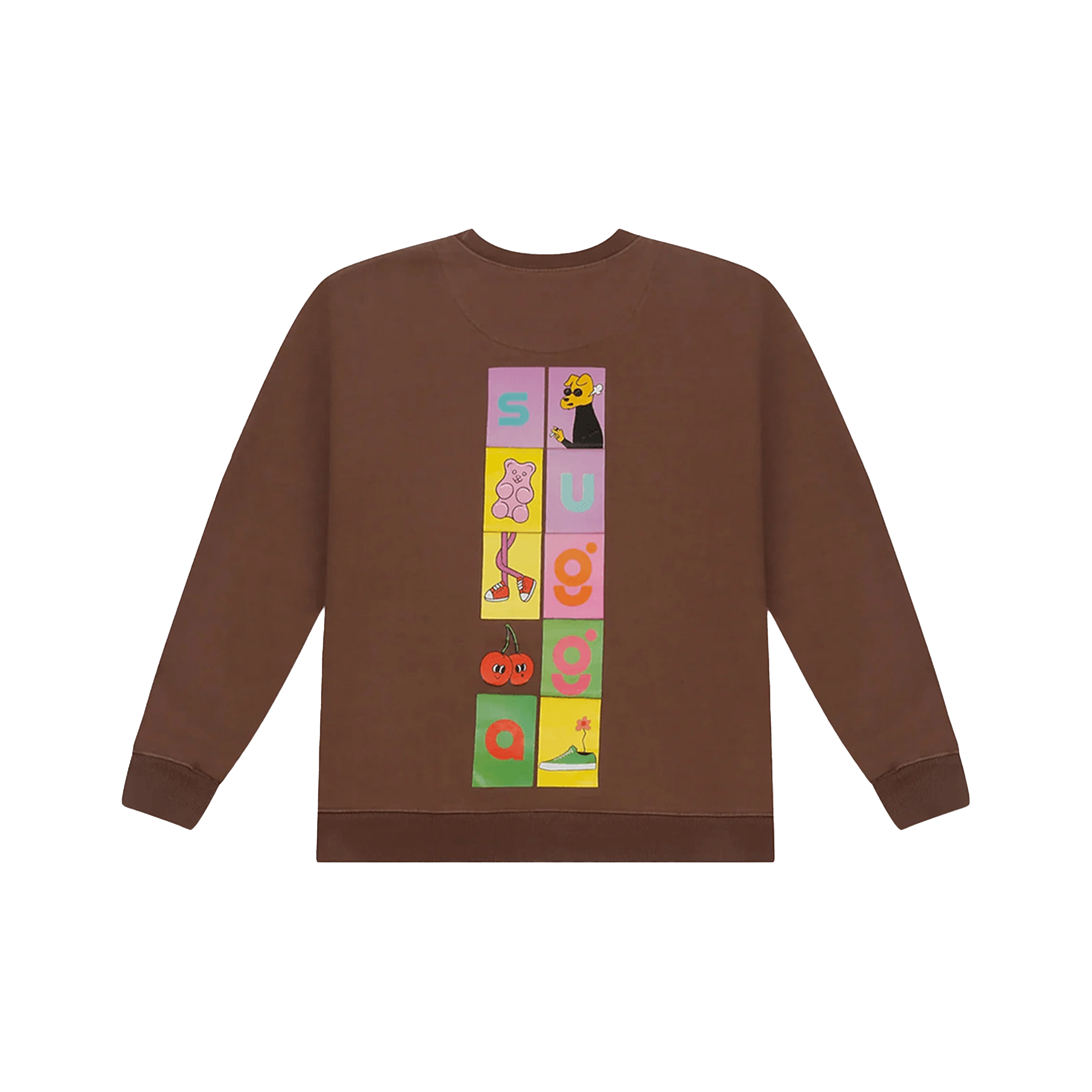 Brown streetwear sweatshirt with colorful cartoon block graphics and playful lettering on back