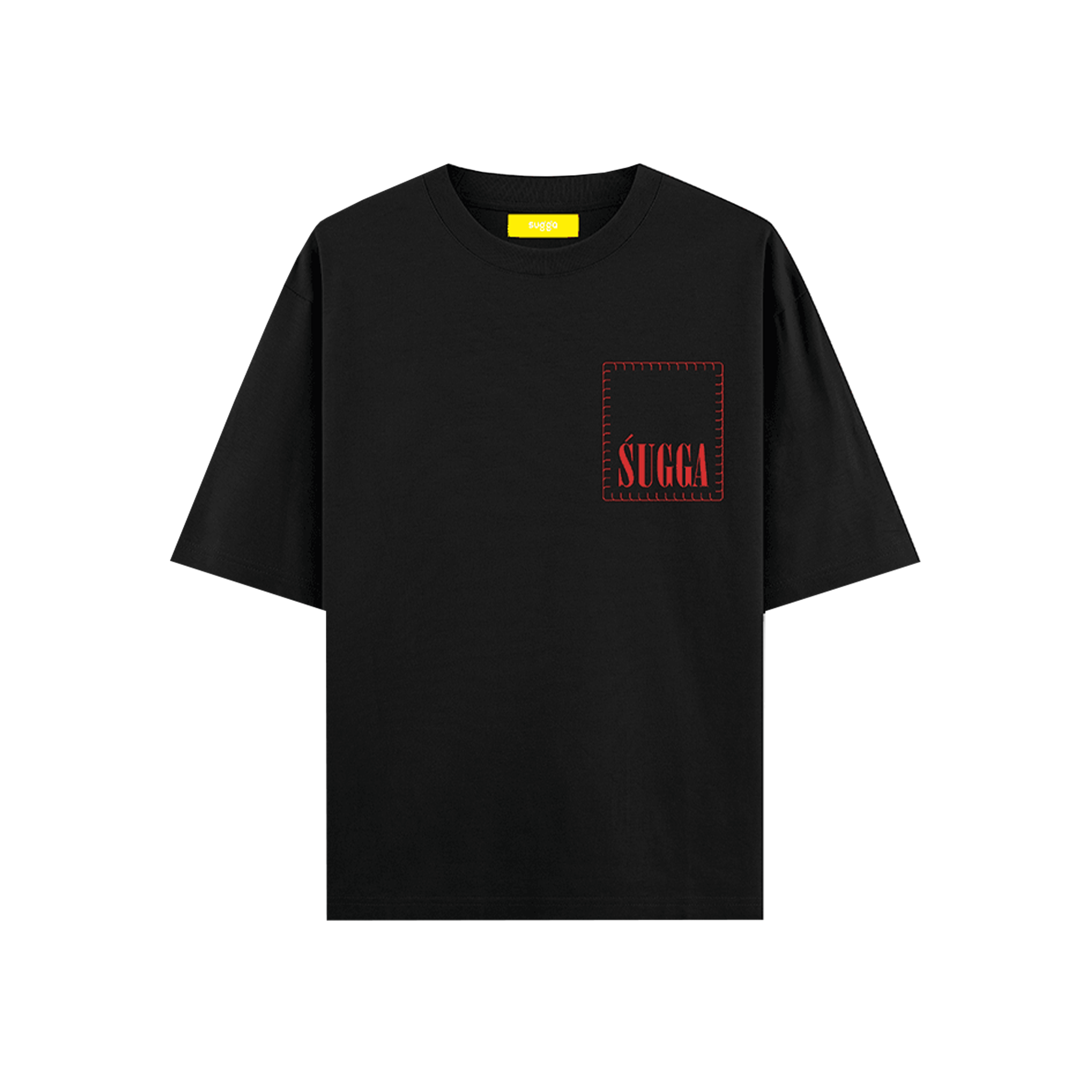 Black streetwear t-shirt with red stitched pocket detail and 'SUGGA' text on chest