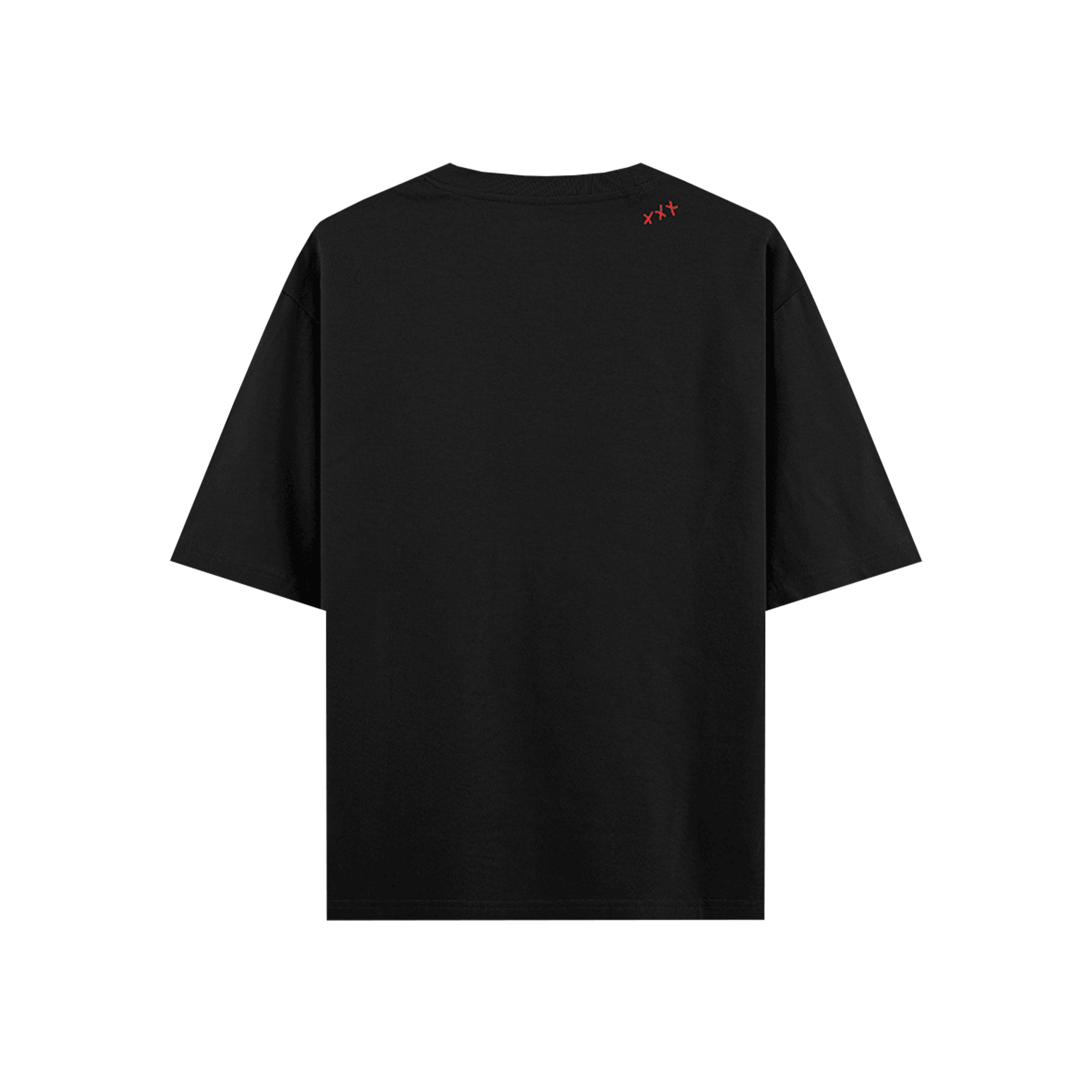 Black streetwear t-shirt with small red stitched crosses near the back collar, plain design