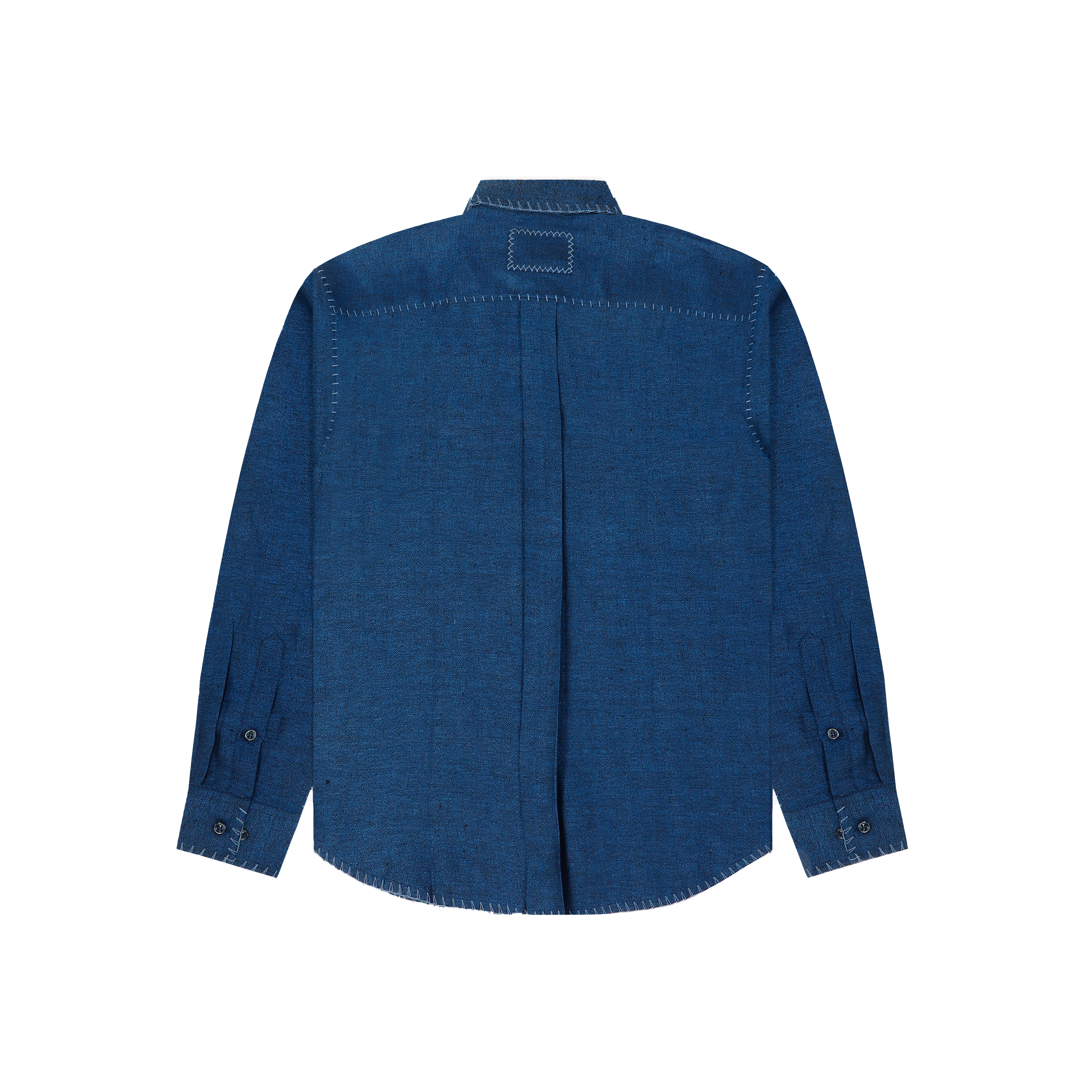 Blue long sleeve button-up shirt with visible stitching, back view, streetwear style