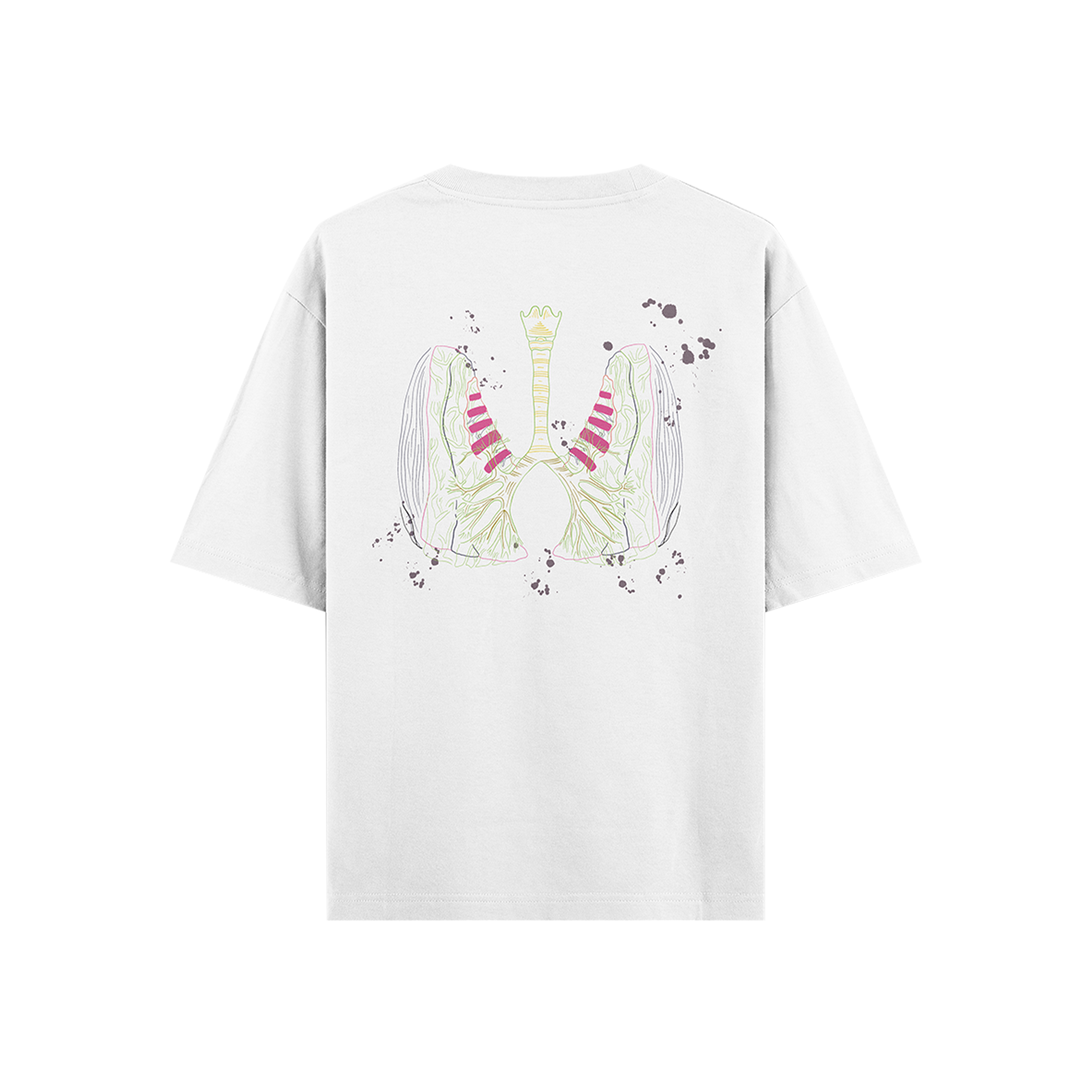 White streetwear t-shirt with colorful lungs and trachea graphic on the back
