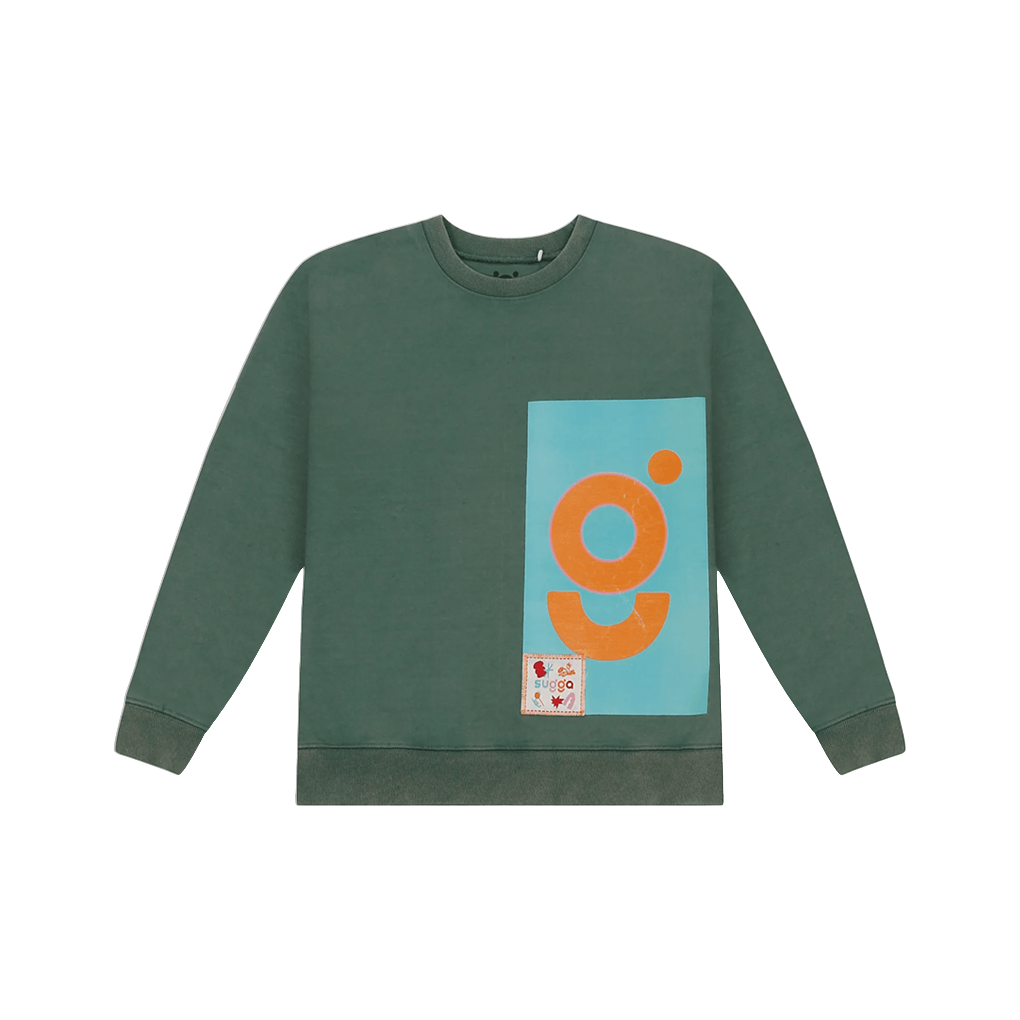 Green streetwear crewneck sweatshirt with bold orange graphic and blue accent panel