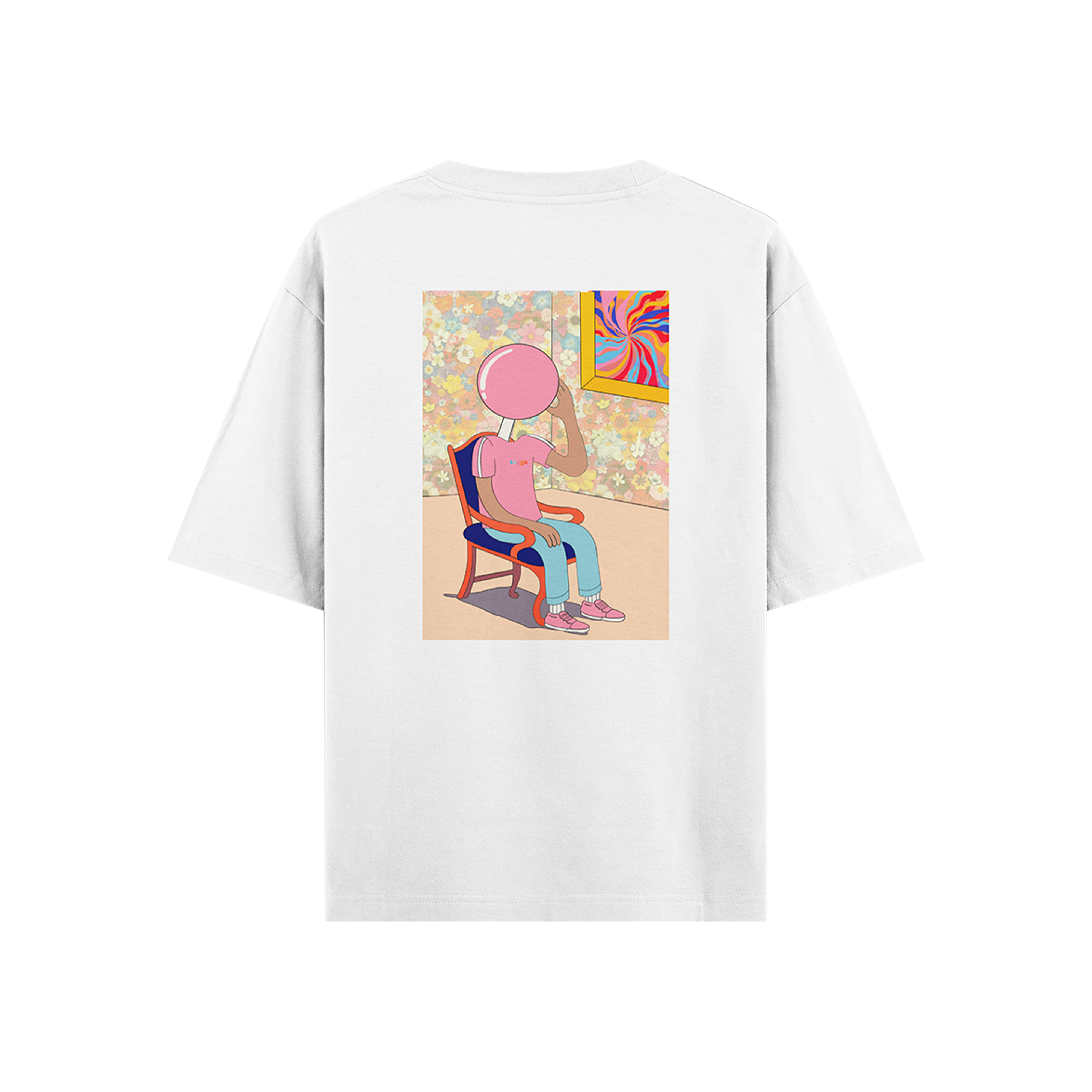 White streetwear t-shirt with colorful cartoon artwork of a figure in pastel clothes sitting in a floral room.