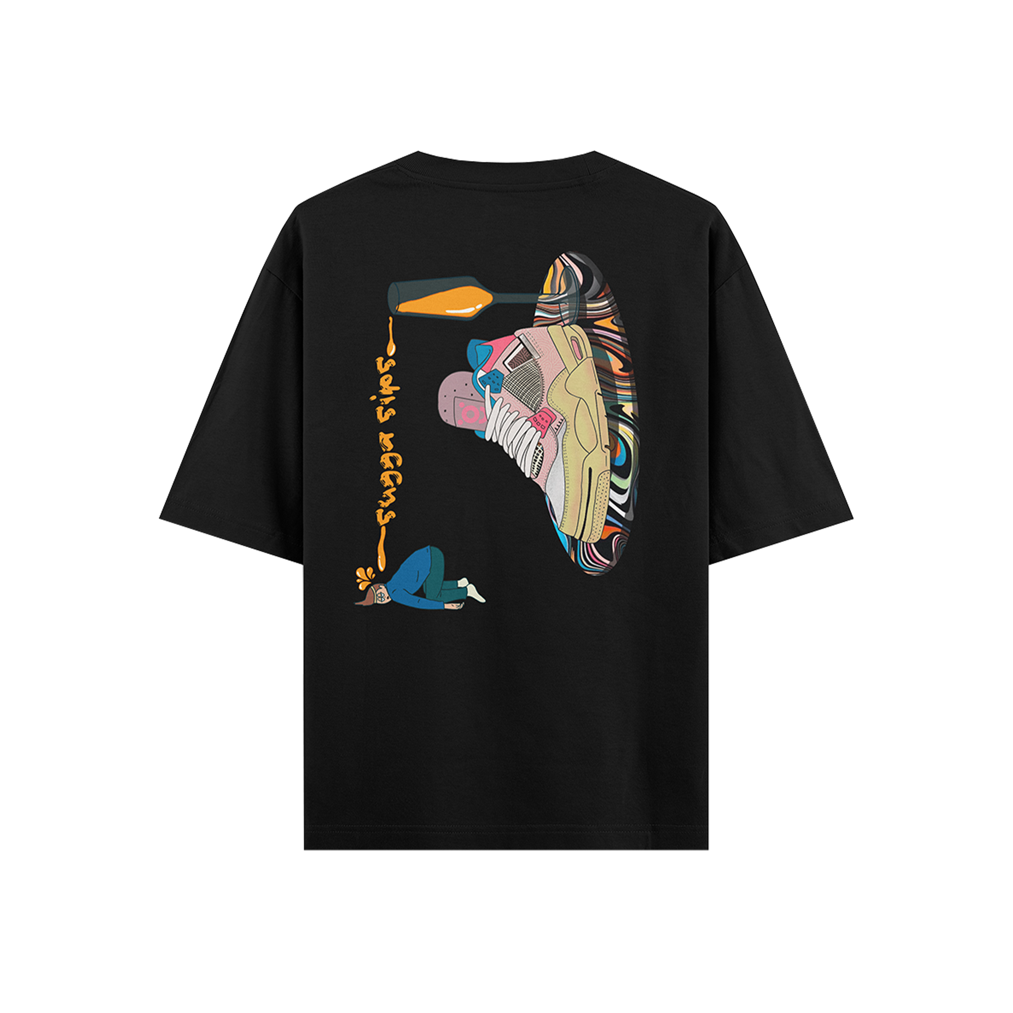 Black streetwear t-shirt featuring colorful sneaker graphic and cartoon character on back