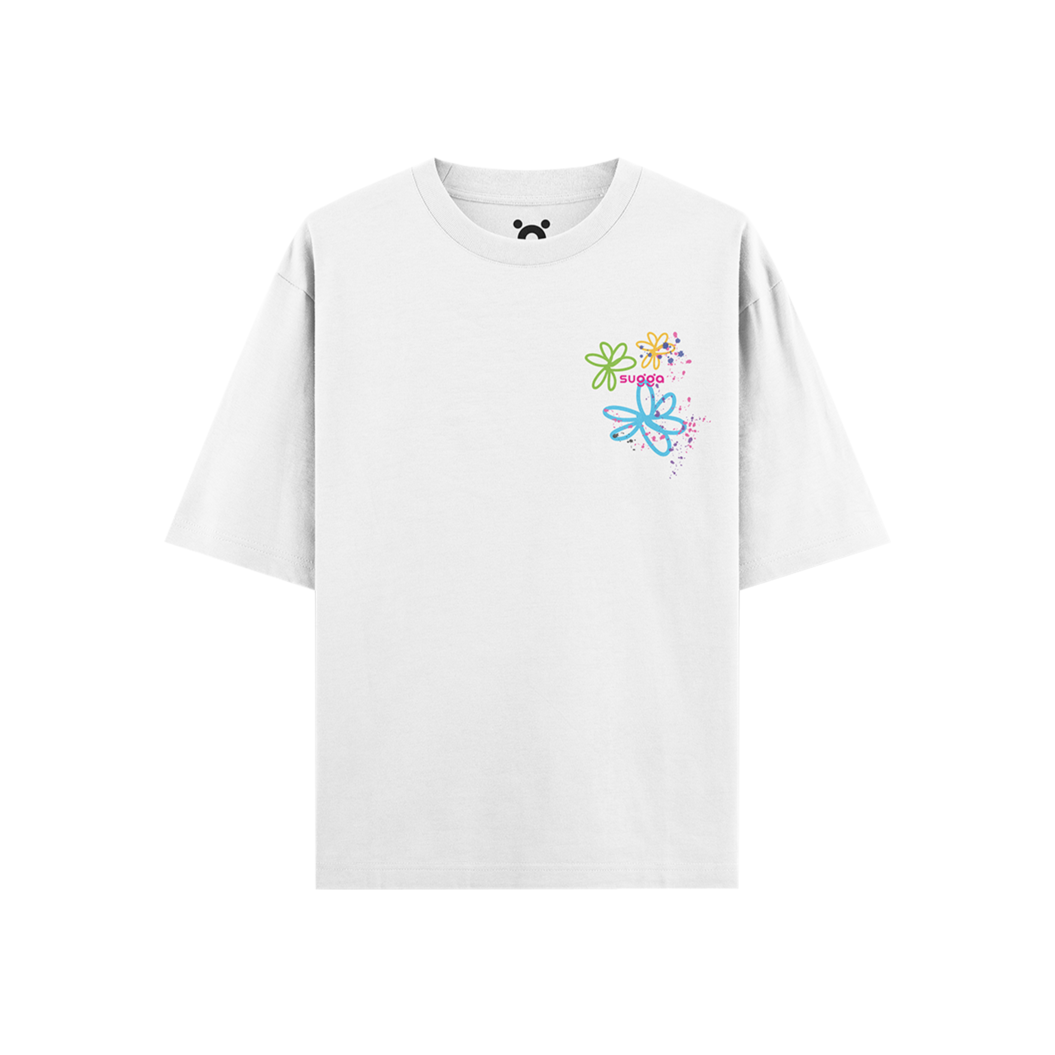 White streetwear t-shirt with colorful floral graphic and small logo on the chest