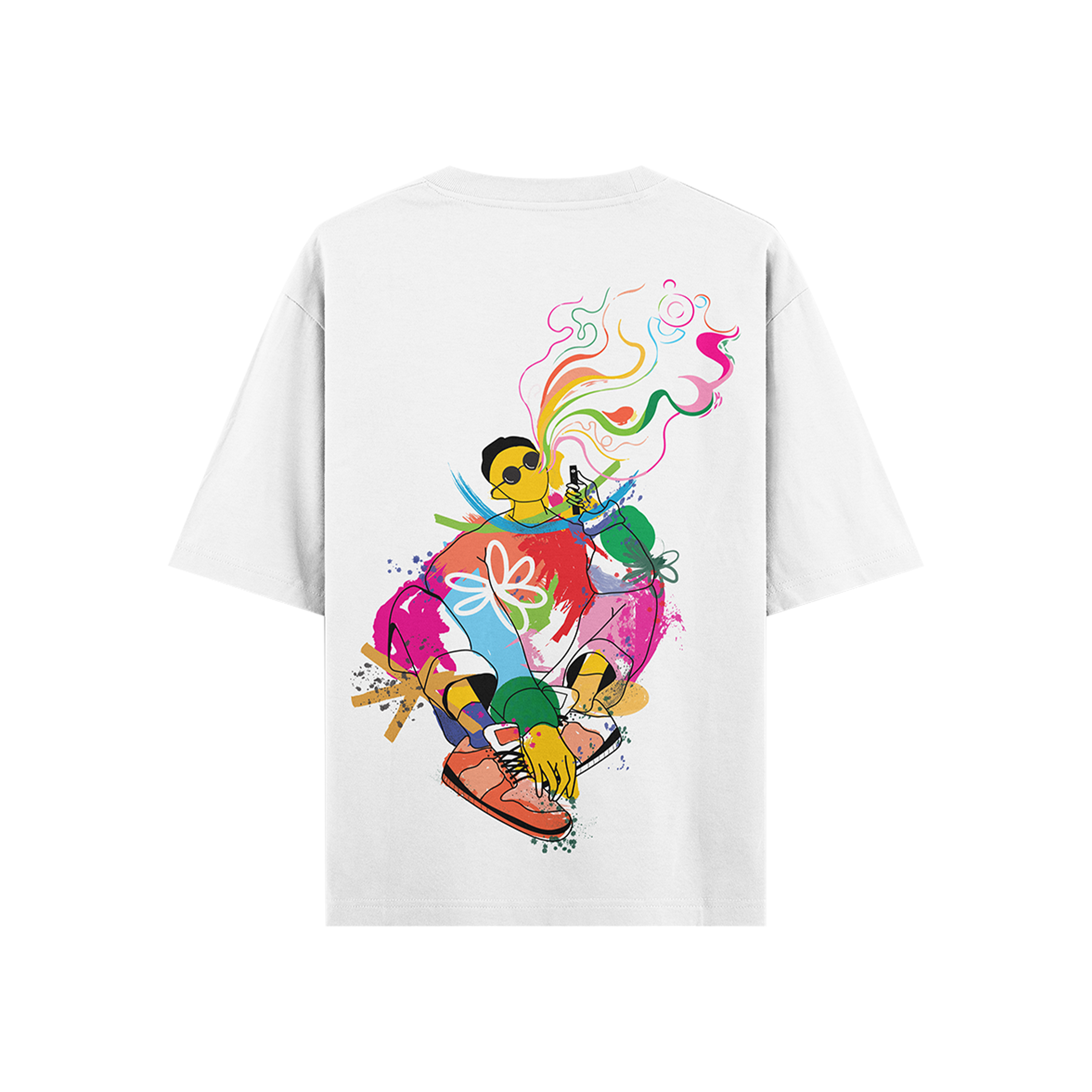 White streetwear t-shirt with colorful abstract graphic of person in sunglasses, vibrant shoes, and smoke art on the back.