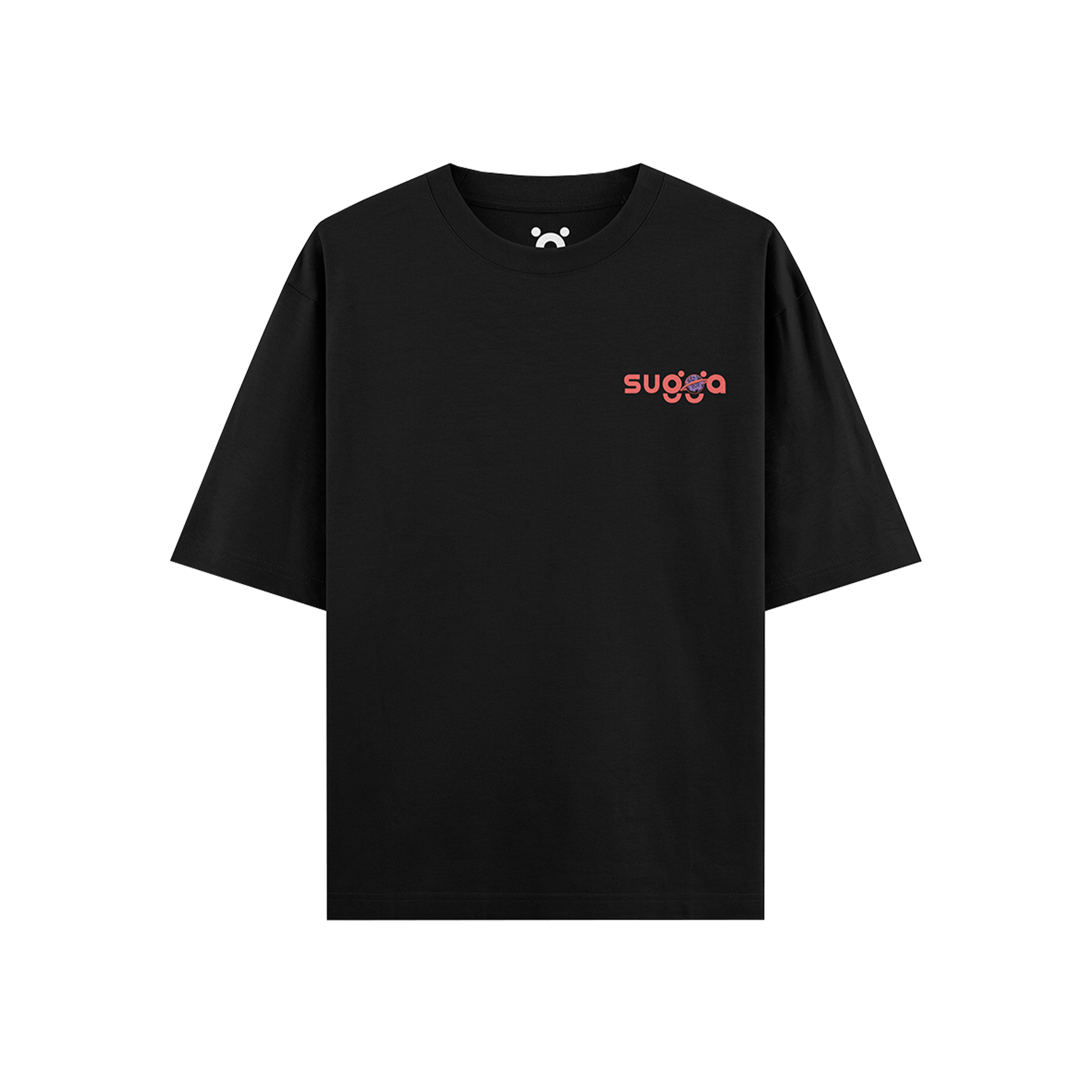 Black streetwear t-shirt with red graphic Sugga logo on chest, short sleeves
