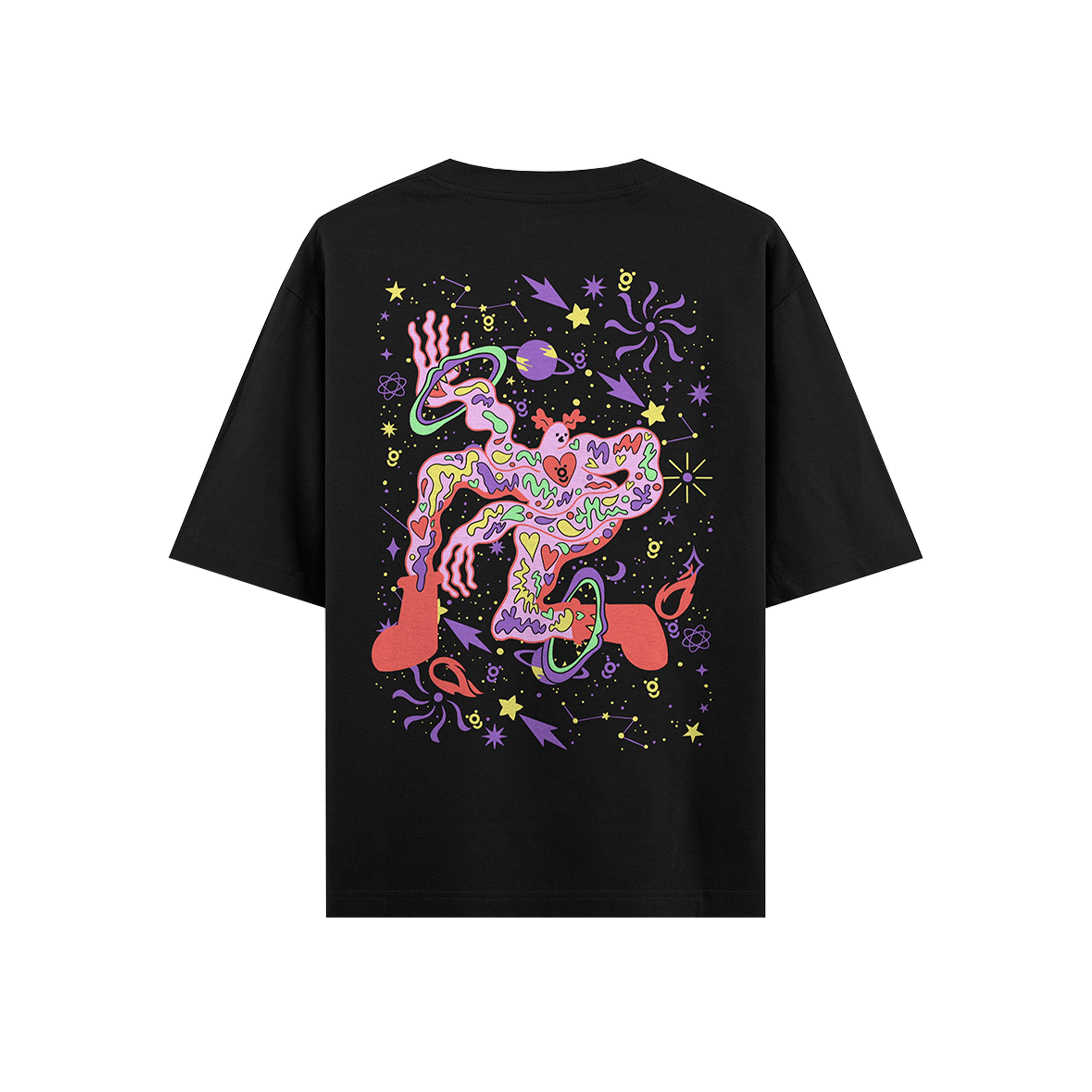 Black streetwear t-shirt featuring colorful psychedelic abstract graphic and cosmic elements
