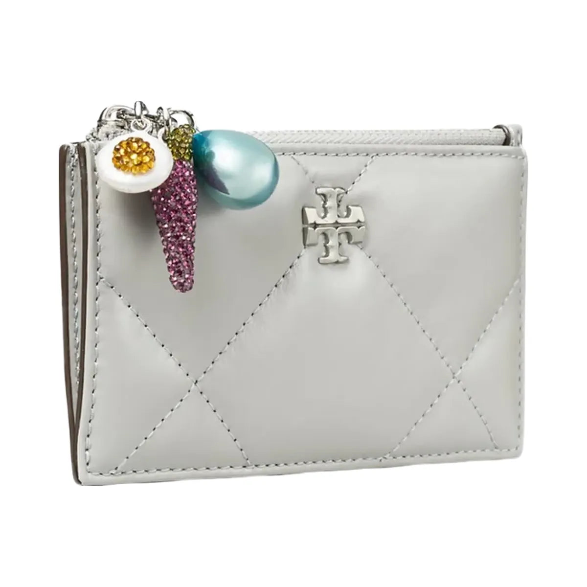 Tory Burch Kira Diamond Quilt Charm Zip Card Case Gray