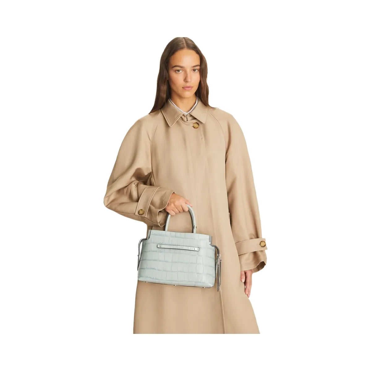 Tory Burch Mercer Croc-Embossed Satchel Blue Celadon