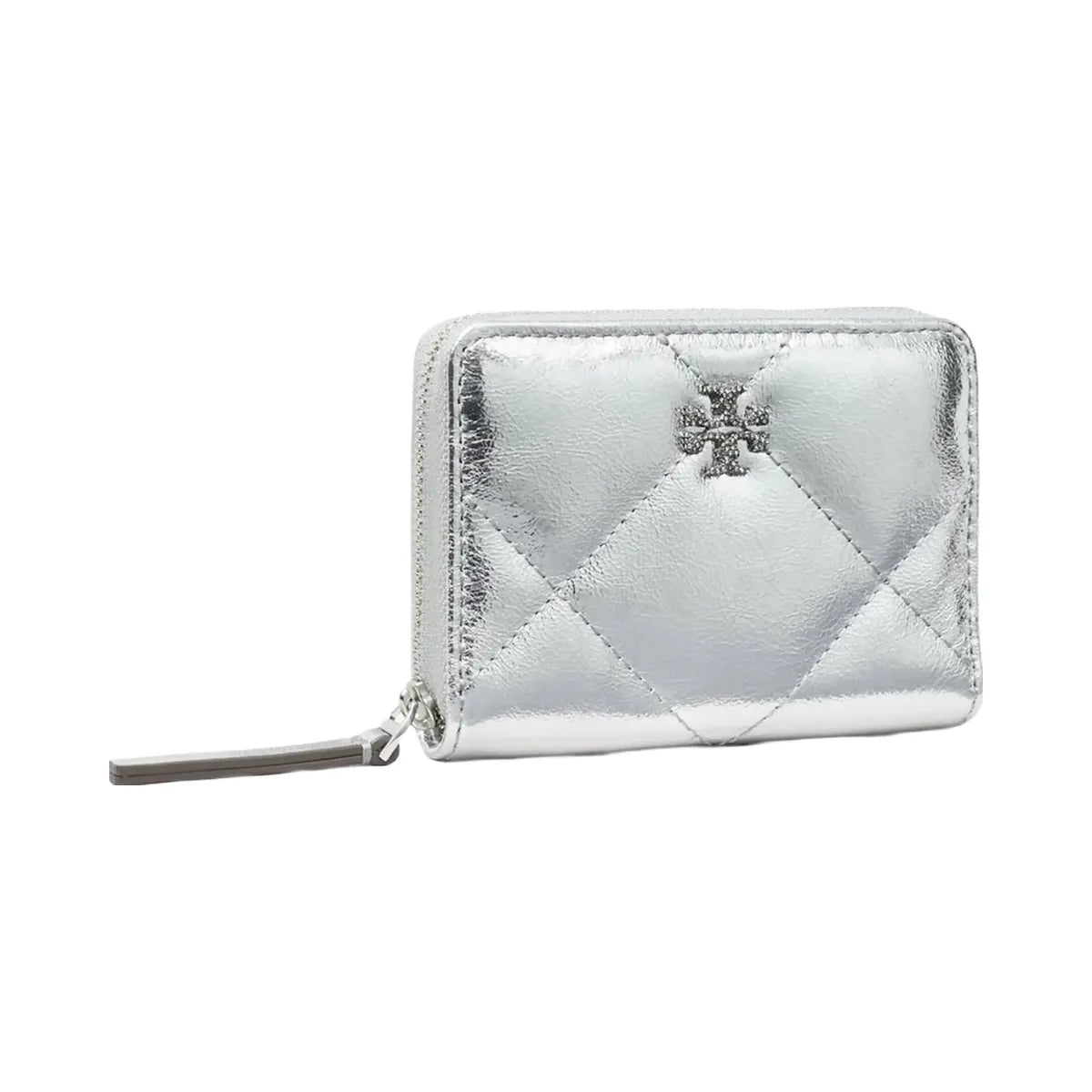 Tory Burch Small Kira Diamond Quilt Metallic Zip-Around Wallet Silver