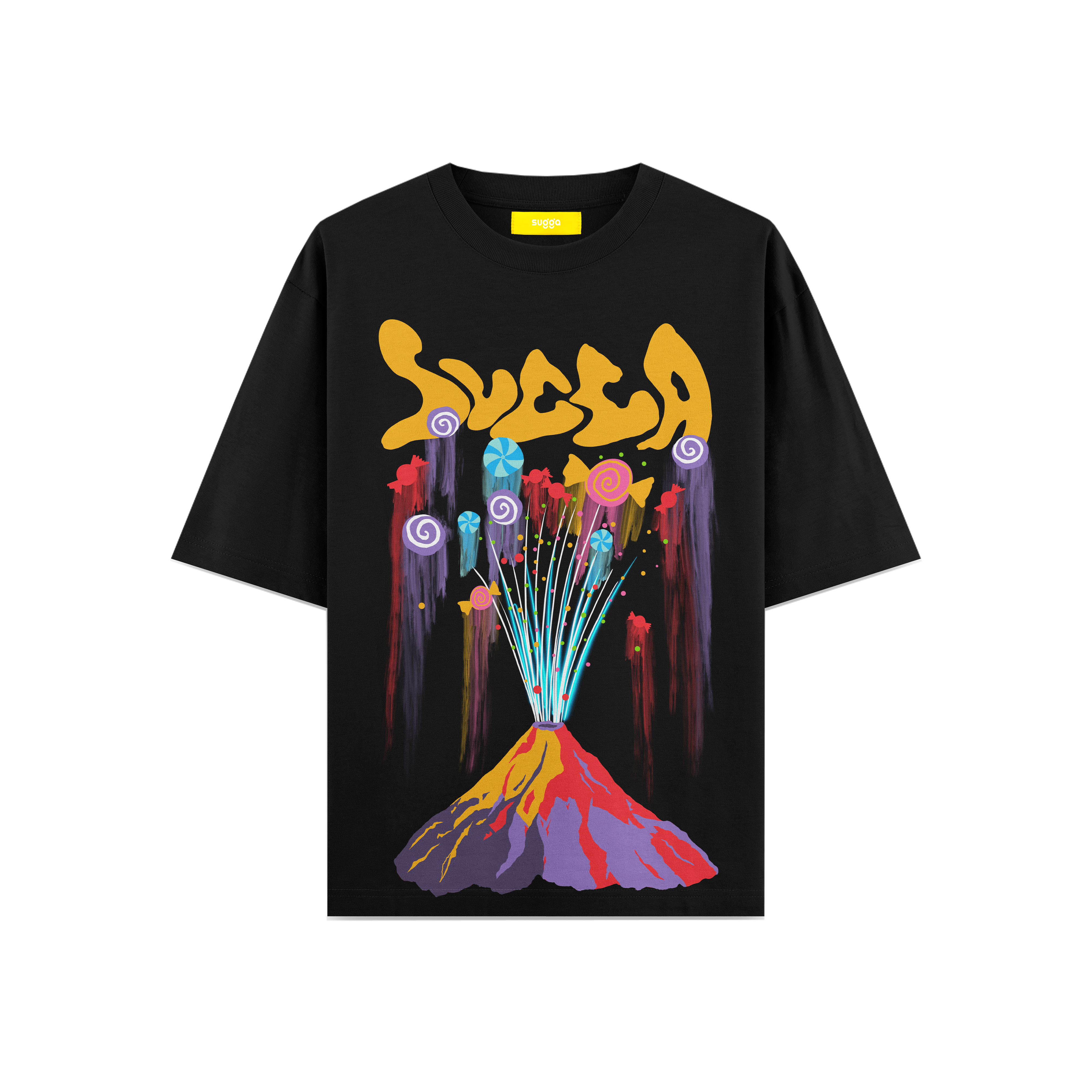Black streetwear t-shirt with colorful volcano and candy graphic print, bold yellow text