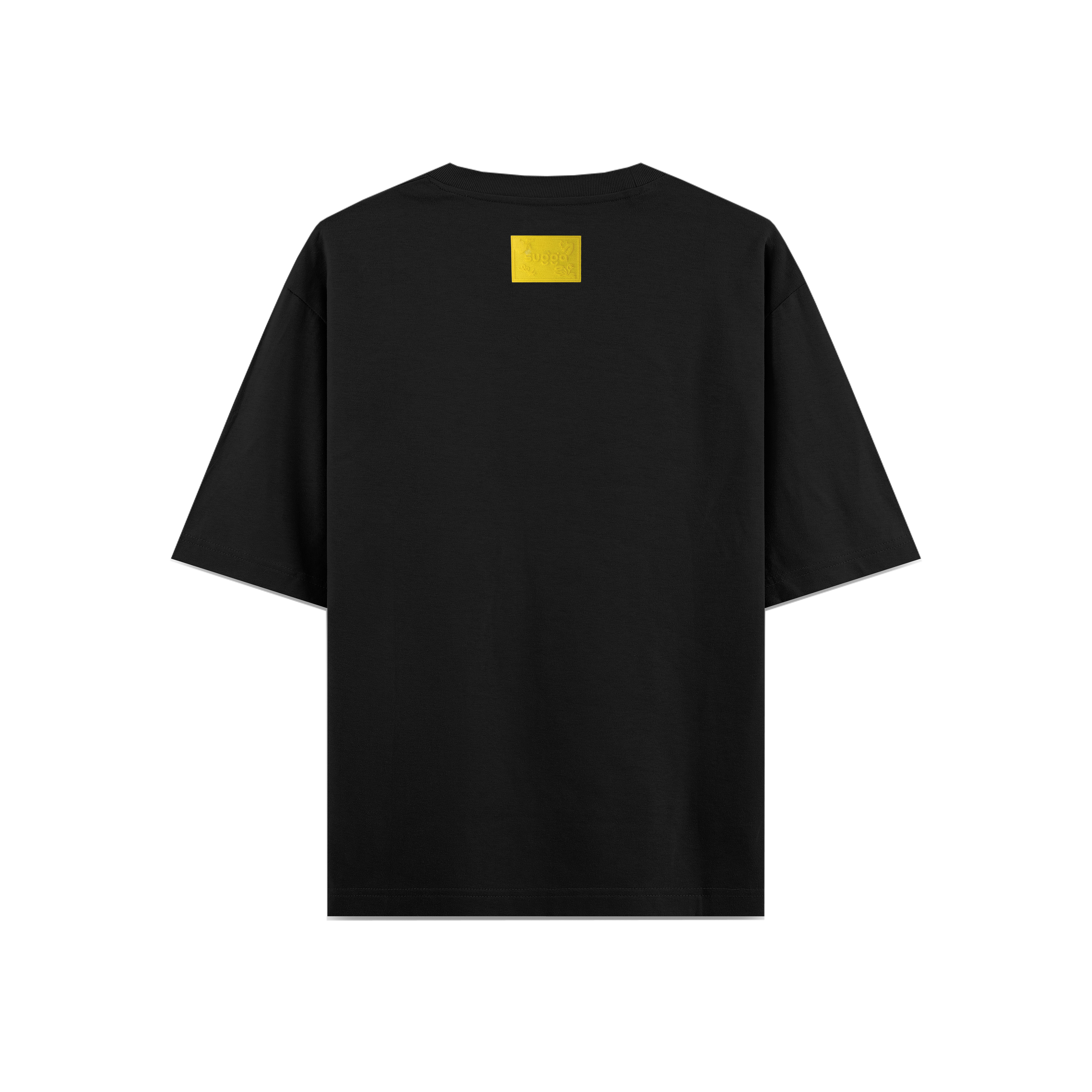 Black oversized streetwear t-shirt with a small yellow label on the upper back