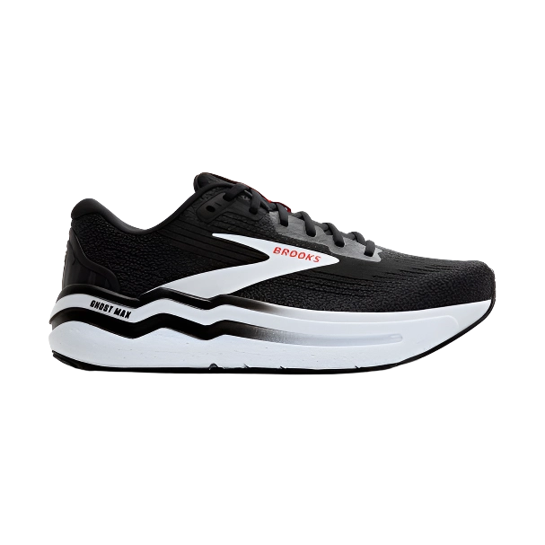 black and white Brooks sneaker with red accents and thick sole, side view