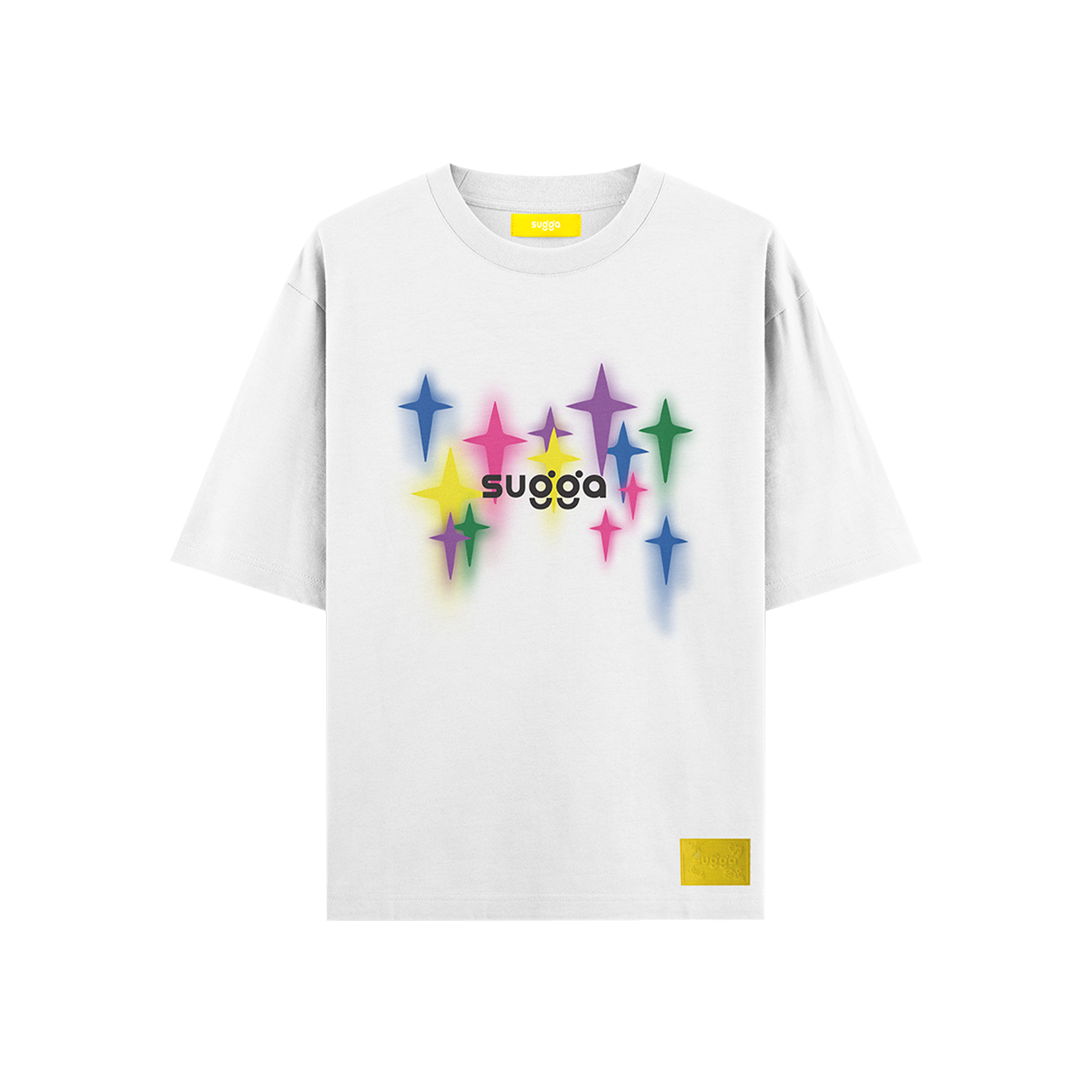 White streetwear t-shirt with colorful star graphics and 'sugga' text on the front