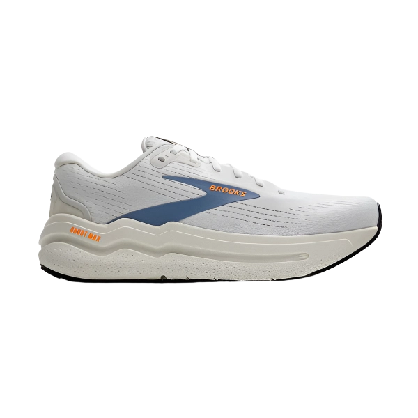 White and blue Brooks sneaker with orange logo, cushioned sole, streetwear running shoe
