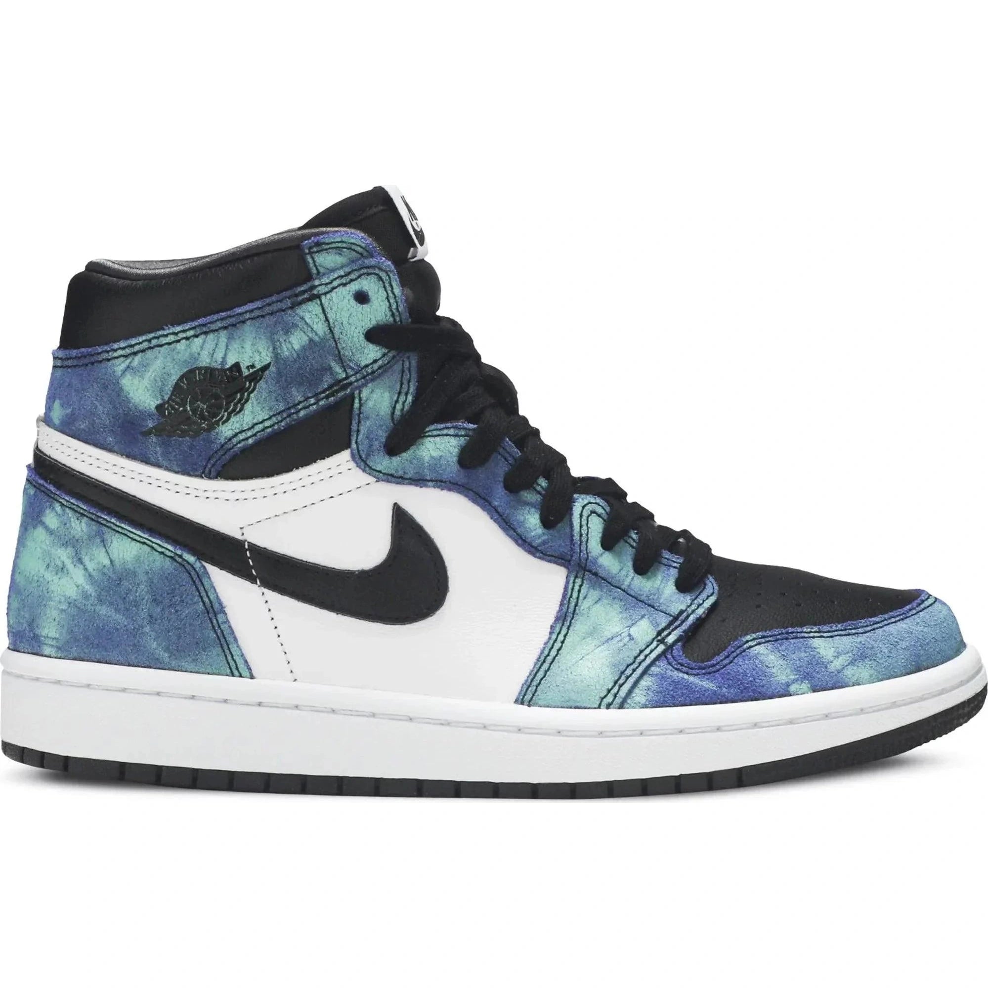 High-top sneaker with blue tie-dye accents, black swoosh, black laces, and white sole