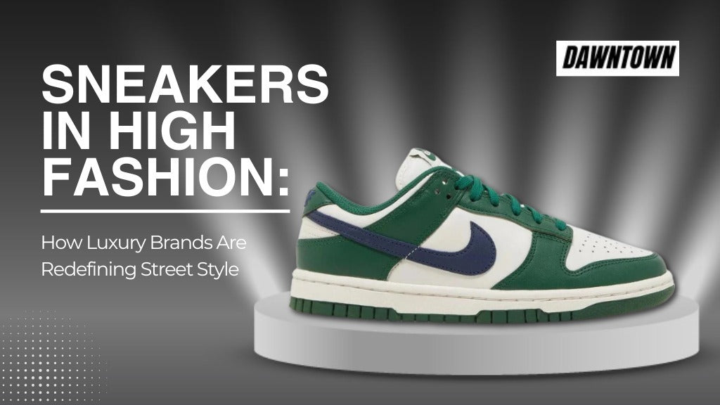 Green and white Nike Dunk sneaker on display with high fashion streetwear text overlay
