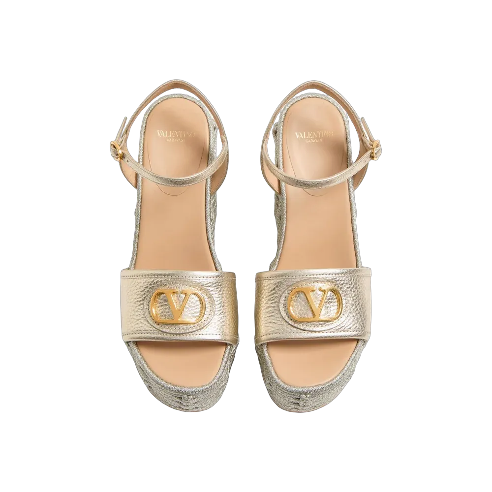 Valentino VLogo Signature Wedge Sandal In Laminated Grainy Calfskin 120mm Platinum