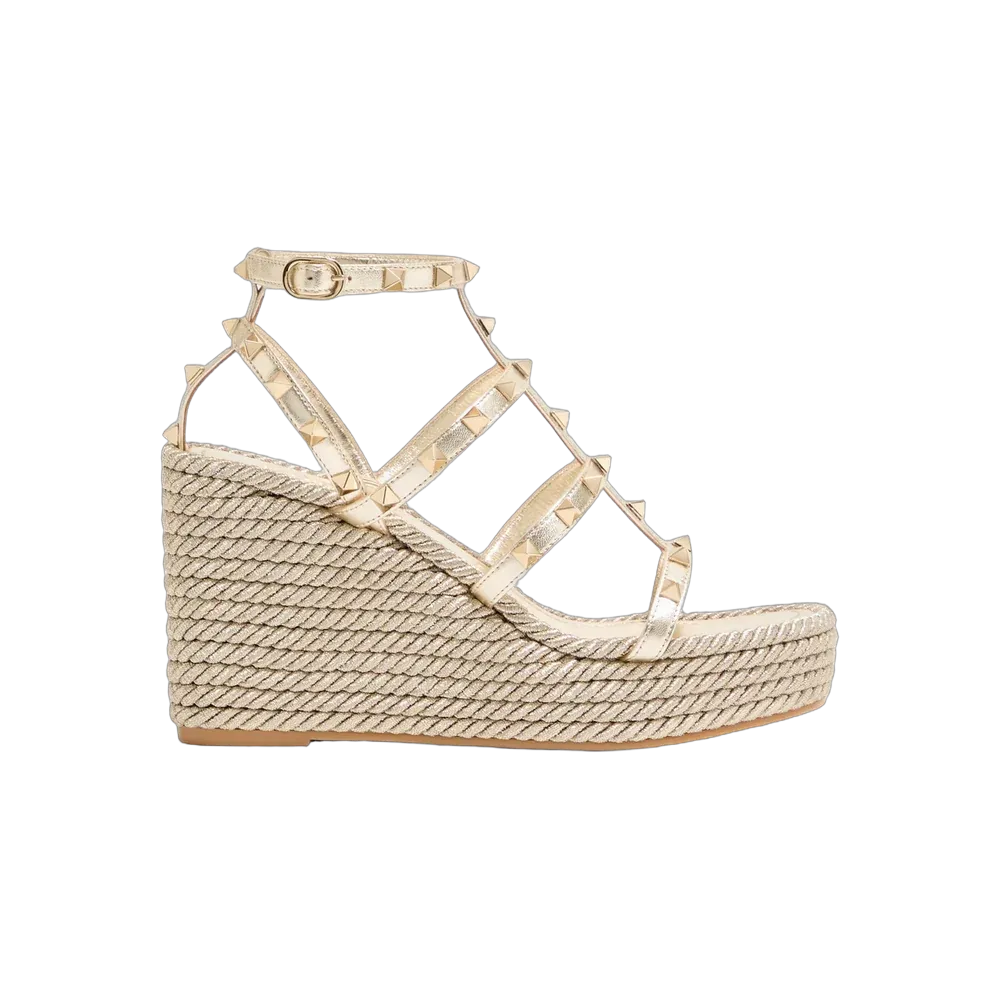 Valentino Rockstud Laminated Nappa Wedge Sandal 95mm Platinum