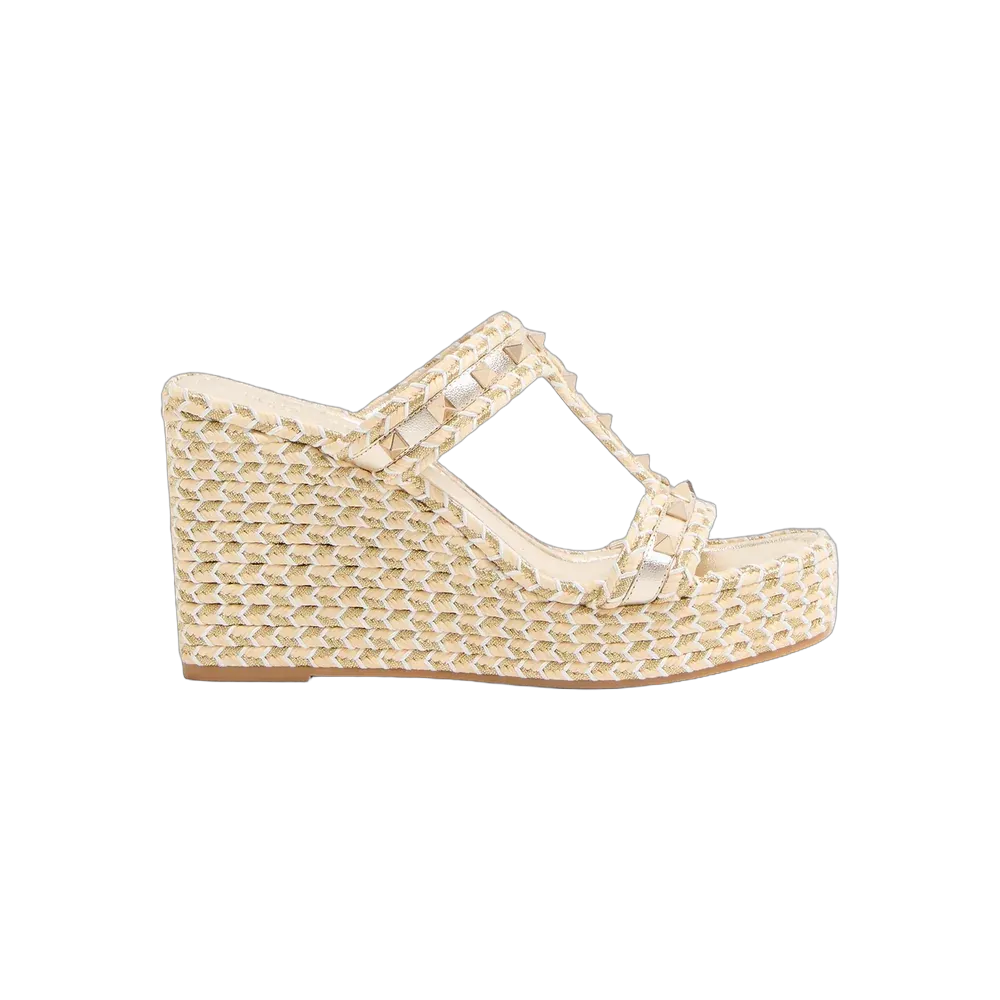 Valentino Rockstud Laminated Nappa Wedge Sandal 90mm Natural