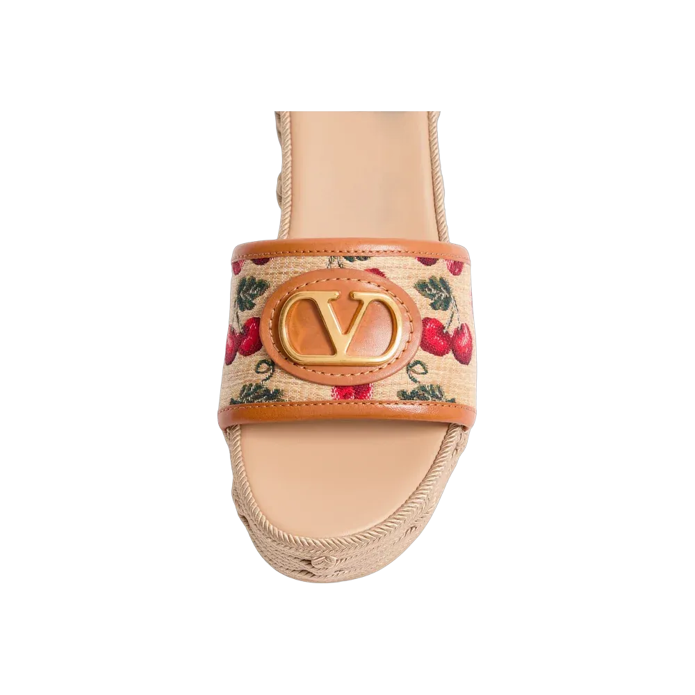 Valentino VLogo Signature Flatform Sandal In Jacquard Raffia With Cherryfic Motif 60mm Natural