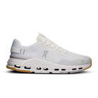 White designer sneaker with mesh upper, cushioned sole, and grey logo, ideal for streetwear