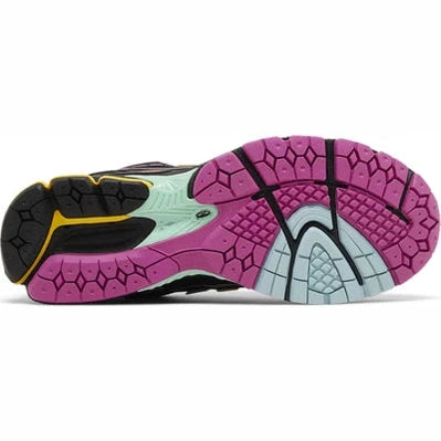 Colorful sneaker sole with pink, mint, black, and yellow traction pattern