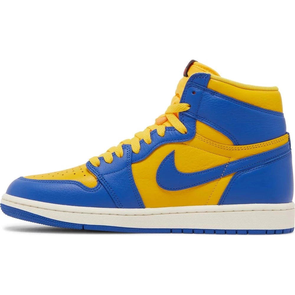 Blue and yellow high-top sneaker with swoosh logo and white sole, classic streetwear shoe