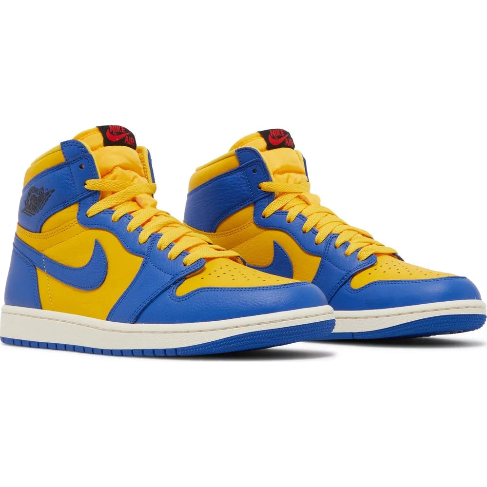 Blue and yellow high-top sneakers with white soles and yellow laces, streetwear style.