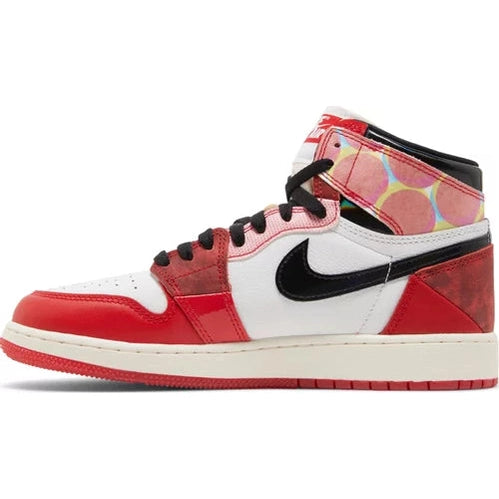 Red, white, and black high-top sneaker with colorful geometric accents, streetwear style