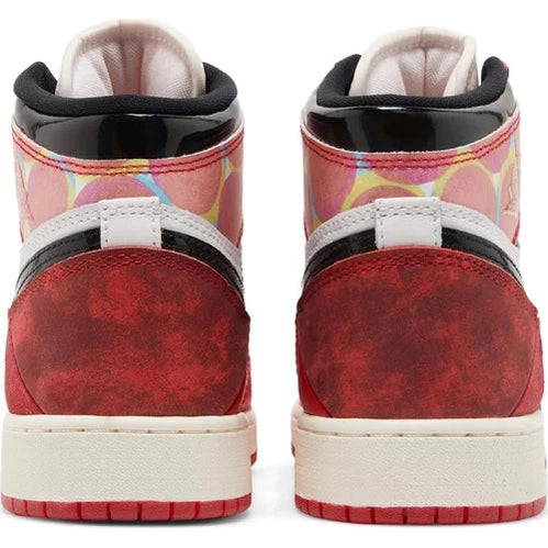 Back view of high-top sneakers with red suede heel, multicolor pattern, and white sole