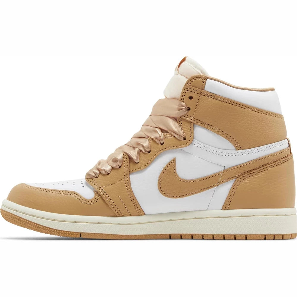 High-top tan and white sneaker with satin laces, streetwear limited edition style
