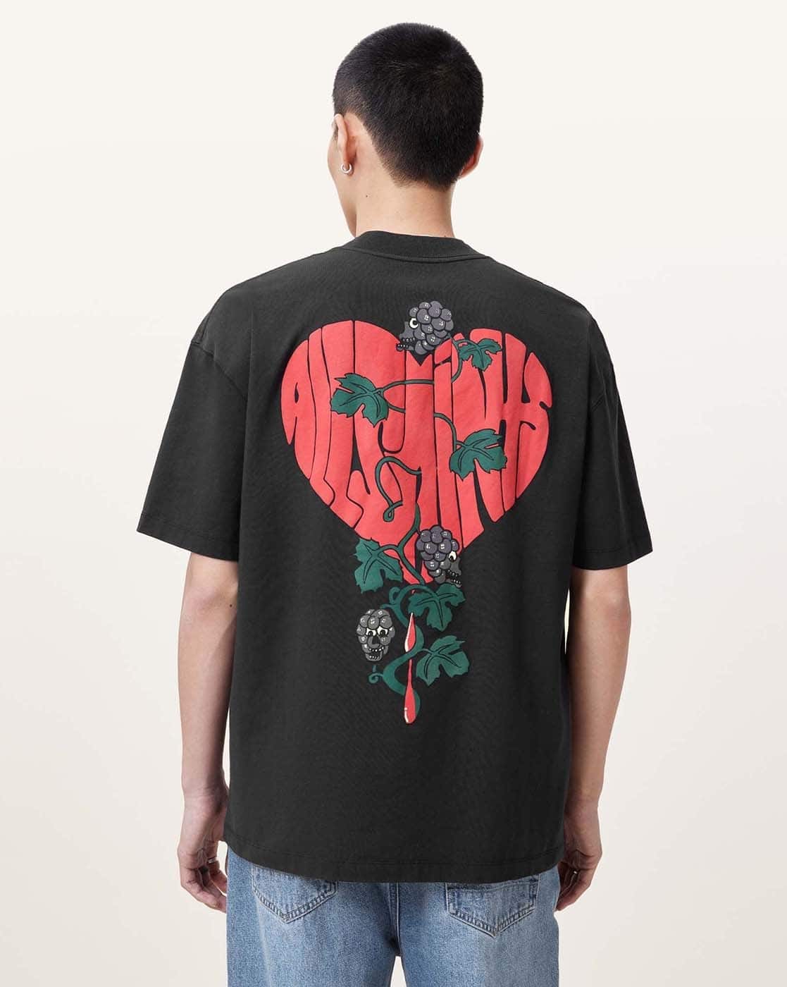 All Saints Men Sown Print Oversized Crew-Neck Organic Cotton T-Shirt 'Washed Black'