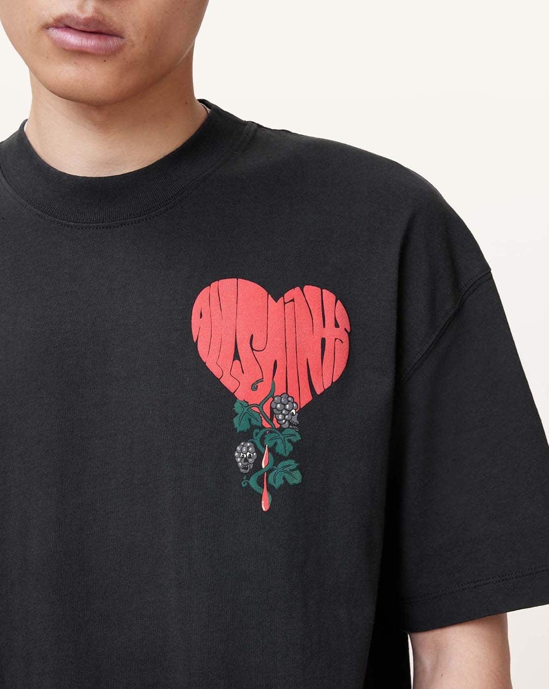 All Saints Men Sown Print Oversized Crew-Neck Organic Cotton T-Shirt 'Washed Black'