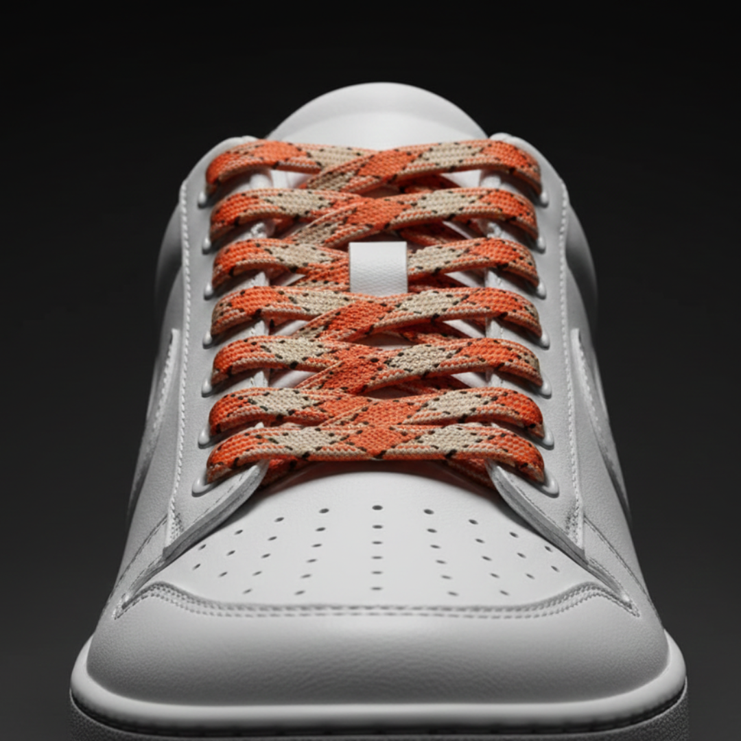 White sneaker with orange and beige patterned laces on a black background