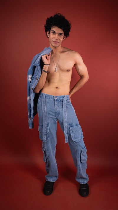 BLUE DRAWSTRING DENIM MEN'S CARGO