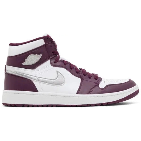 White and burgundy high-top sneaker with silver swoosh, leather streetwear shoe