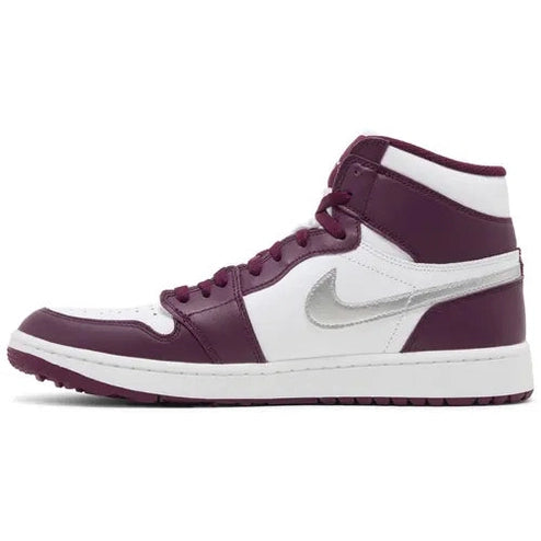 White and burgundy high-top sneaker with silver swoosh, streetwear style footwear