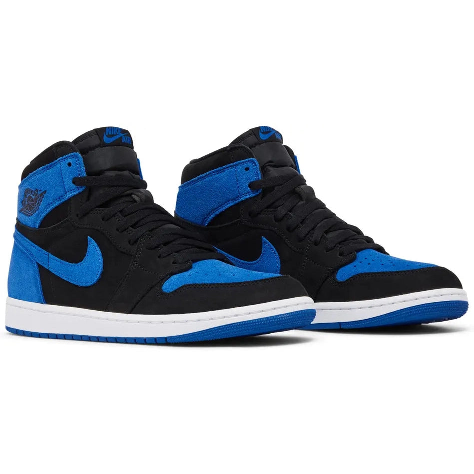 Black and blue high-top sneakers with suede accents and white midsoles on a white background.