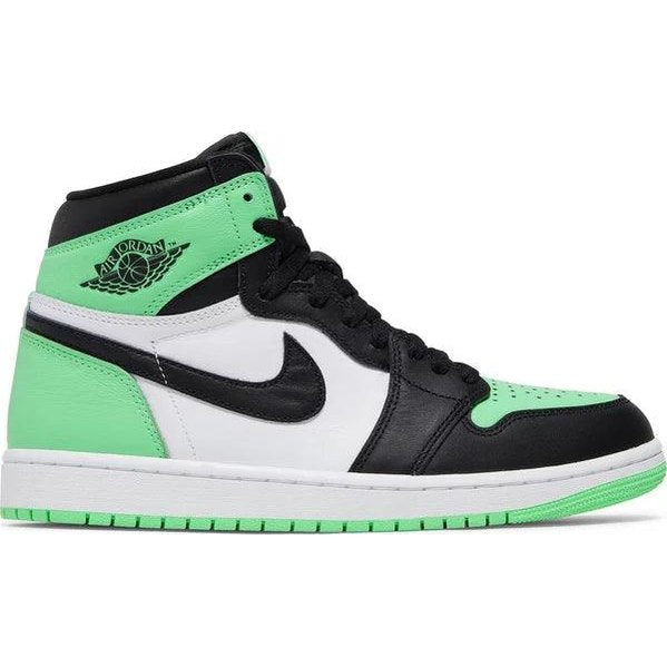 Black, white, and green high-top sneaker with Nike swoosh and Air Jordan logo, streetwear shoe