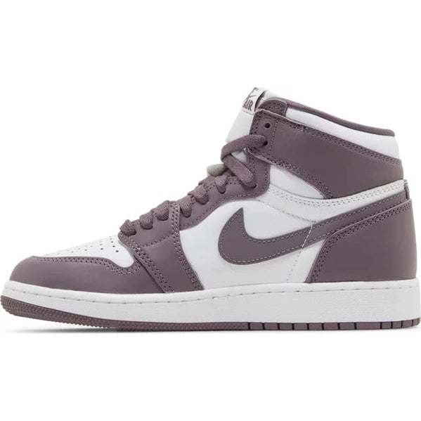 Air Jordan 1 high-top sneaker in mauve and white leather, side profile, streetwear footwear