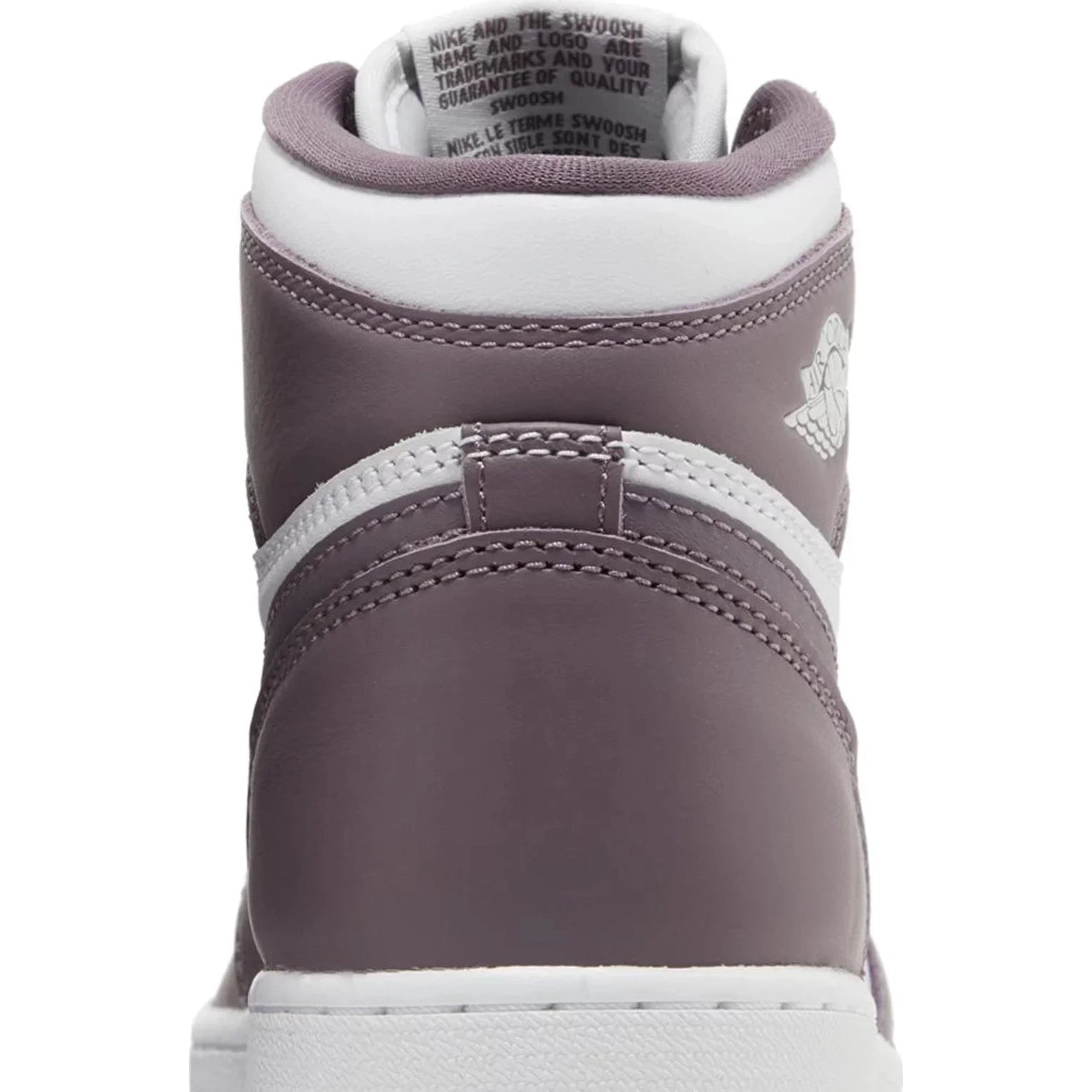 Rear view of a high-top sneaker in mauve and white leather with visible branding details