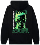 Black hoodie with neon green skull graphic, anti social text, and Japanese writing on back