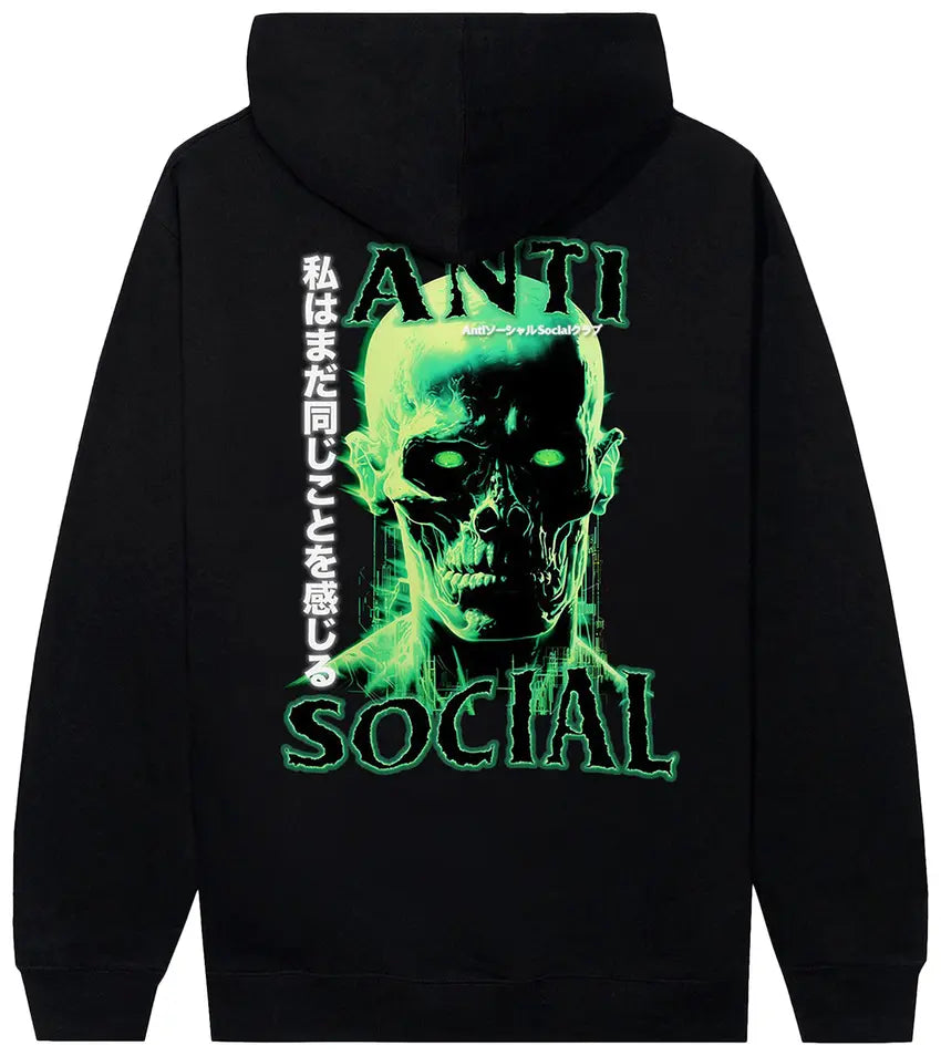 Black hoodie with neon green skull graphic, anti social text, and Japanese writing on back