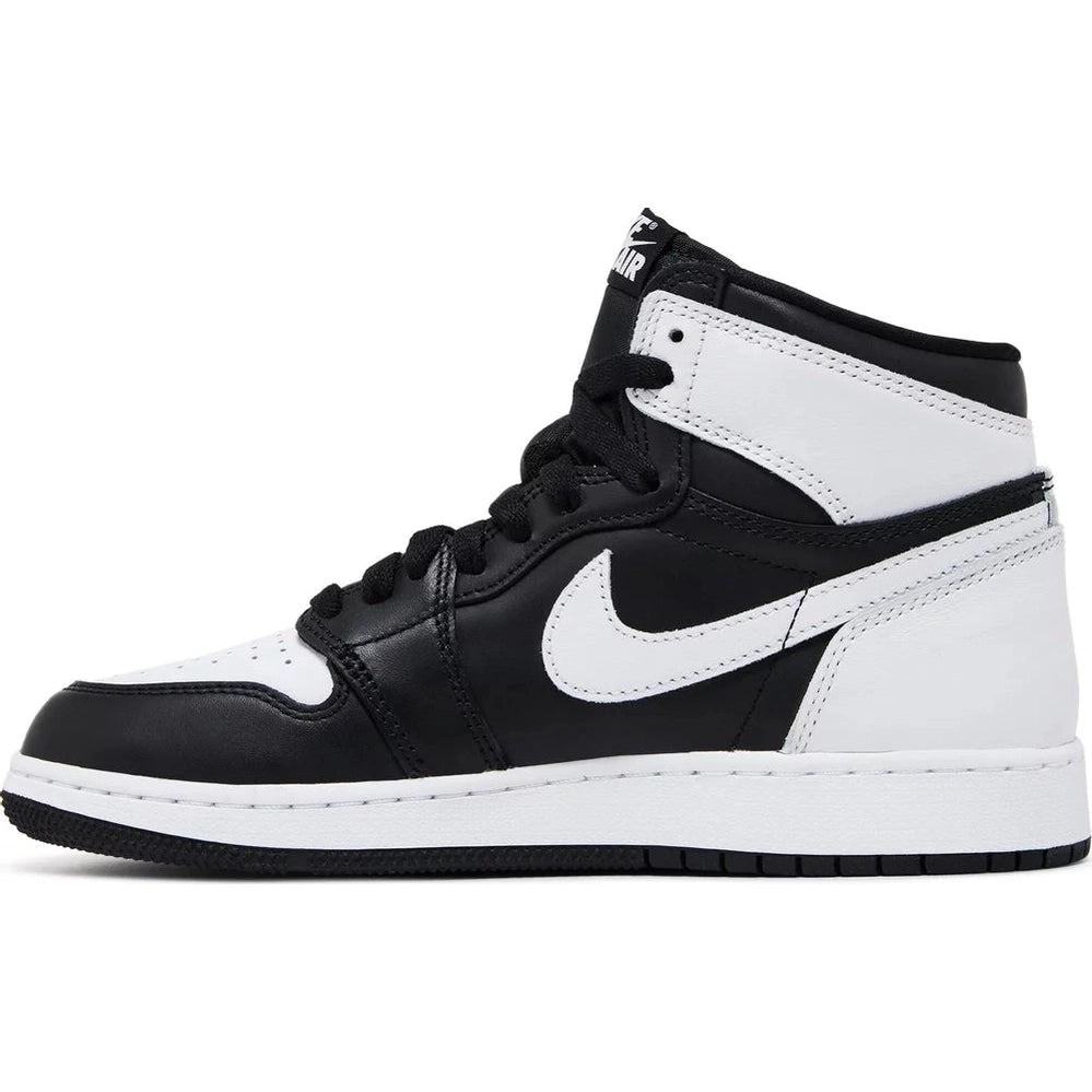Black and white high-top sneaker with white swoosh, designer streetwear shoe