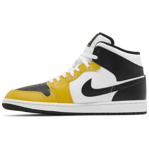 Black, yellow, and white high-top sneaker with Nike swoosh, side view on white background