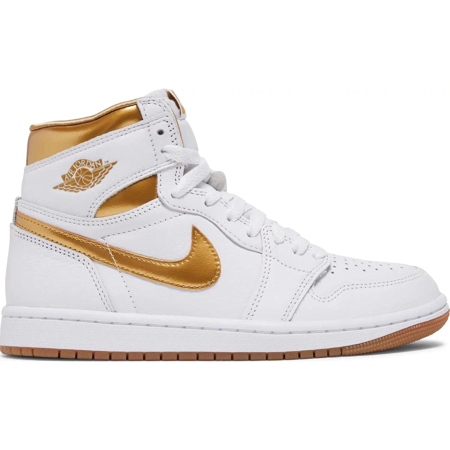 White high-top sneaker with metallic gold swoosh and accents, gum sole, streetwear style